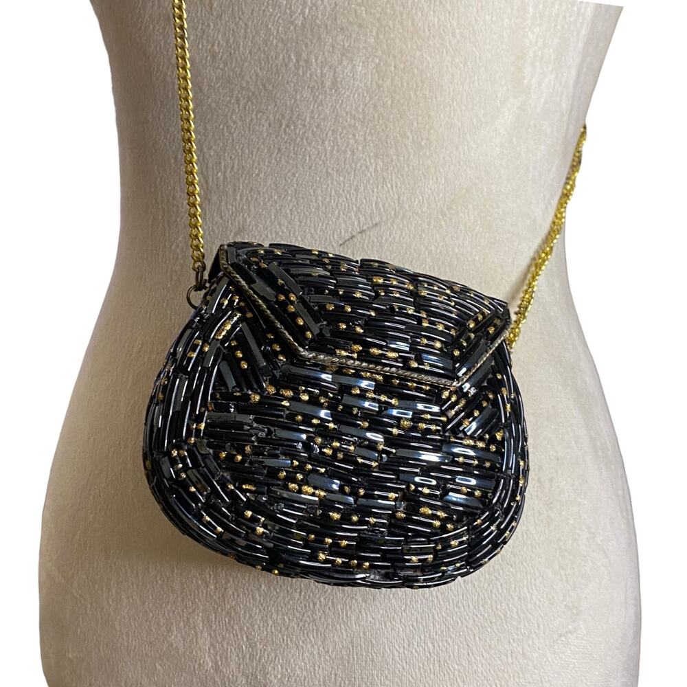 Vintage Tara Handcrafted Black Glass Beaded Crossbody Bag W/Gold Chain Strap